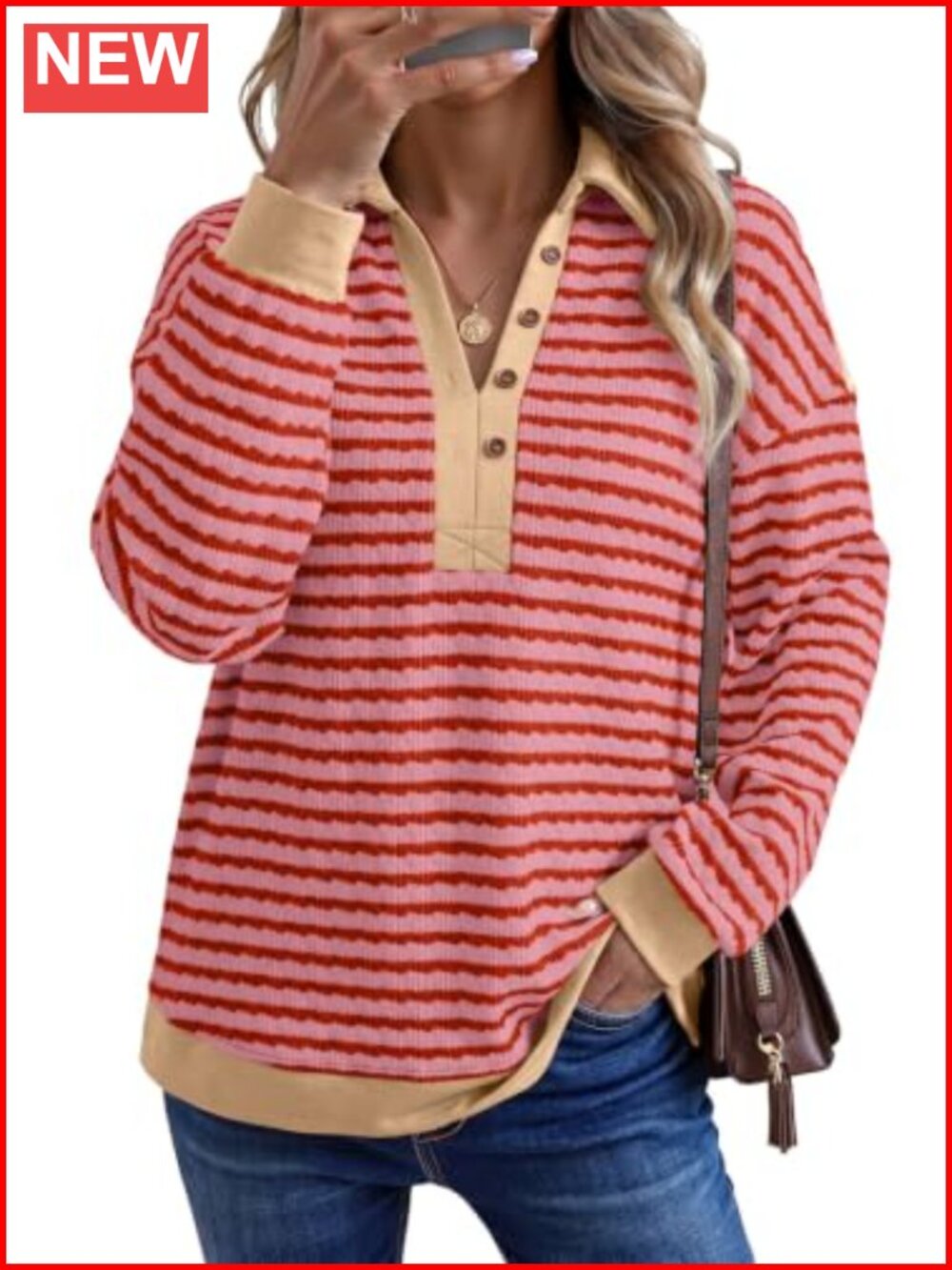 Oversized Henley Neck Sweatshirt Color Block Long Sleeve Pullover